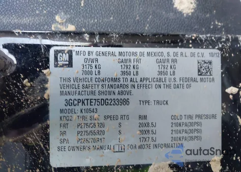 2013 Chevrolet Silverado 1500 Ltz из США, поврежденный, VIN 3GCPKTE75DG233986